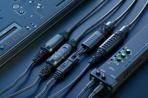 Intricate network of audio cables and connectors on a sleek, dark surface, highlighting modern sound technology and design elegance in a creative workspace photo