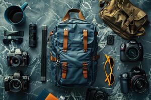 A creative workspace with cameras, gear, and a stylish backpack on a marble surface photo