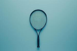 A minimalist tennis racket rests on a serene blue backdrop, embodying the spirit of sport and tranquility photo