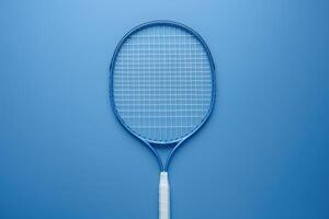 A vibrant blue tennis racket rests elegantly on a matching background, highlighting its design and craftsmanship photo