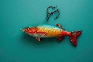 Colorful fishing lure suspended against a vibrant teal background capturing the artistry of angling accessories photo