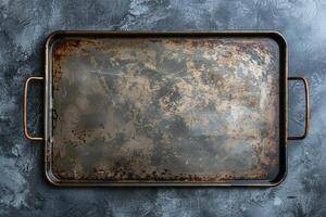 An aged baking tray resting on a textured blue backdrop, evoking memories of countless culinary creations in a cozy kitchen photo