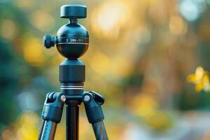 A close-up view of a camera tripod head glistening in warm sunlight during a tranquil outdoor photo shoot