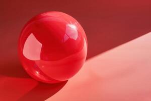 A vibrant red sphere rests elegantly on a peach-toned surface, capturing light and enhancing its glossy texture in a warm, artistic composition photo