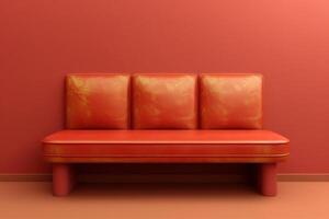 A vibrant red lounge sofa against a matching wall in a minimalist interior design setting photo
