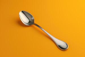 A sleek stainless steel spoon rests on a vibrant orange background, showcasing elegance and simplicity in kitchenware design photo