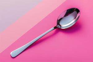 A sleek stainless steel spoon resting on a vibrant pink surface, showcasing its polished design under soft lighting photo