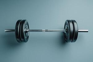 A sleek barbell rests on a smooth surface, ready for intense training at dawn, evoking the spirit of strength and determination photo
