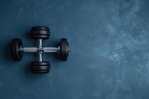 Weights resting on a textured blue surface in a home gym setting during the early morning workout routine photo