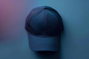 A stylish navy cap resting against a softly illuminated background in a serene blend of blue and pink hues photo