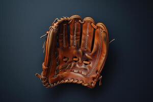 Classic brown leather baseball glove resting on a dark surface, evoking nostalgia for the game on a warm summer afternoon photo