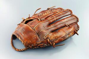 A vintage leather baseball glove resting on a smooth surface, showcasing its rich textures and craftsmanship, illuminated by soft natural light photo