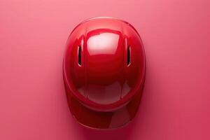 Bright red hard hat rests on a smooth pink surface, symbolizing safety and protection in construction environments photo