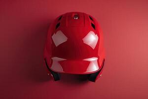 A vibrant red sports helmet displayed against a smooth crimson backdrop, showcasing its sleek design and protective features in a minimalist setting photo