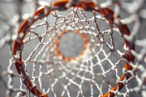 Looking through the intricate web of a basketball hoop in a quiet gym during sunset, capturing the essence of sport and focus photo