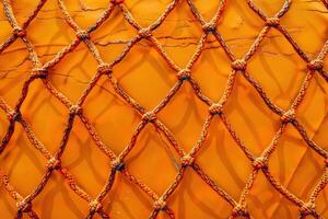 Textured orange netting against a weathered wall in bright sunlight, showcasing intricate patterns and vibrant colors photo