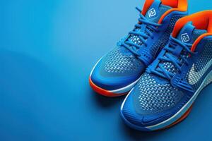 Bright blue athletic shoes displayed on a vibrant blue background highlighting their design and colors photo