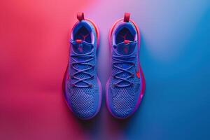 Vibrant athletic shoes glowing under colorful lighting in a modern setting photo