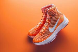 Bright orange athletic sneakers against a vibrant orange background capturing a stylish, dynamic vibe photo
