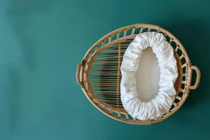 Stylish woven basket with a soft white liner set against a vibrant teal backdrop, perfect for nursery decor or cozy settings photo