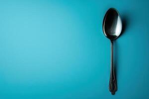 A graceful silver spoon resting on a vibrant blue background, highlighting its elegant curves and intricate design photo