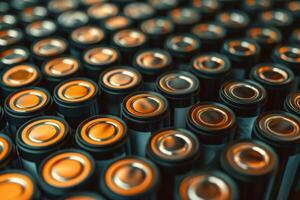 A vibrant collection of batteries arranged in a captivating pattern, showcasing their shiny surfaces reflecting warm light in a cozy setting photo
