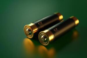 Luxurious black and gold binoculars resting on a smooth green surface, reflecting soft light in a serene atmosphere photo
