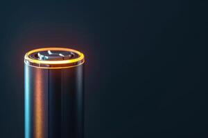 A glowing battery cell illuminating against a dark backdrop in a contemporary setting photo