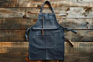 An elegant kitchen apron hangs on a rustic wooden table with a whisk and wooden spoon, inviting culinary creativity in a cozy kitchen setting photo