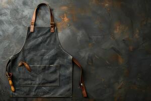 A vintage artisan's apron draped against a rustic, textured background in warm, earthy tones photo