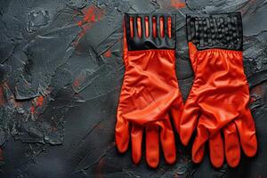 Vibrant red rubber gloves resting on a textured gray surface with paint splatters in a creative workspace photo