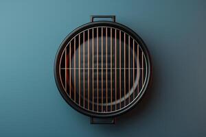 A modern charcoal grill resting on a blue background, inviting culinary creativity at sunset photo