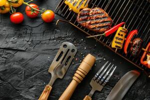 Grilled delights featuring skewers and juicy meats on a charcoal barbecue with fresh vegetables photo