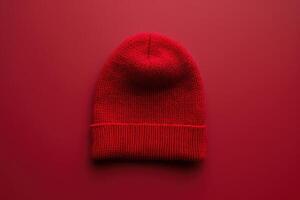 Vibrant red knit beanie on a matching backdrop, showcasing warmth and style in a minimalist aesthetic photo