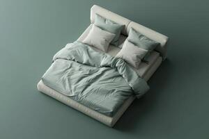 Serene minimalist bedroom with soft green bedding and plush pillows creating a tranquil atmosphere photo
