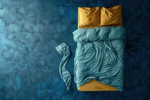 Cozy blue and yellow bedding arrangement on a serene background in a tranquil bedroom setting photo