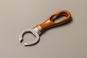 A beautifully crafted bottle opener with a wooden handle, resting on a smooth gray surface in soft lighting photo
