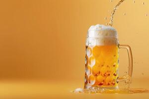 Refreshing golden beer being poured into a frosty mug with bubbles rising against a warm orange backdrop photo