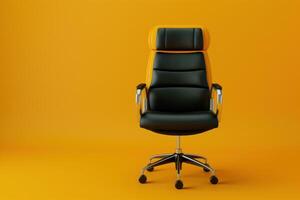 A sleek black and orange office chair against a vibrant yellow backdrop enhances modern workspace aesthetics photo