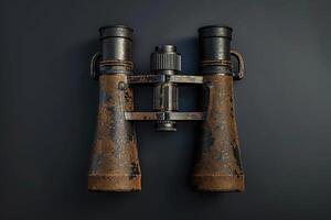 Weathered antique binoculars resting on a dark surface, showcasing their rustic charm and history photo