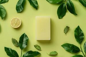 A fresh lemon-scented soap surrounded by vibrant green leaves on a soft yellow backdrop photo