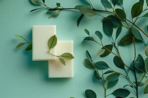 Delicate soap and fresh leaves arranged on a soothing teal background, capturing a tranquil moment of nature and cleanliness photo