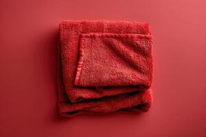 Cozy red towel folded neatly on a vibrant background showcasing warmth and comfort in a minimalist setting photo