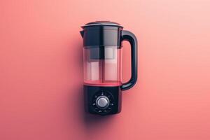 Modern kitchen blender on soft pink background with vibrant smoothie inside, ready for blending delicious drinks photo