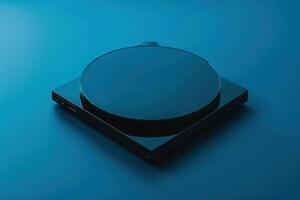 A sleek black turntable spinning softly on a vibrant blue background during a serene evening photo