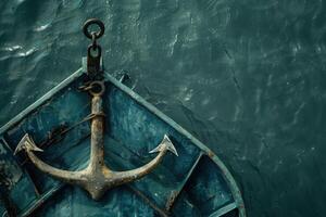 An ancient anchor rests on a weathered boat, partially submerged in tranquil turquoise waters under soft daylight photo