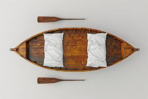 A serene wooden boat with two plush pillows and matching oars resting peacefully on calm water at dawn photo