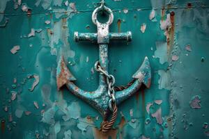 An aged anchor hangs from a rusty turquoise wall, reflecting maritime history and the passage of time photo