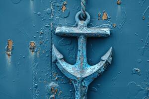 A weathered blue anchor hangs on a rustic wooden wall, revealing textures of time and the sea's embrace photo