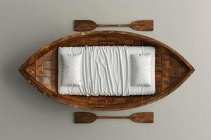 A serene wooden boat bed with white bedding, set against a minimalist wall, creating a cozy and artistic sleeping space photo